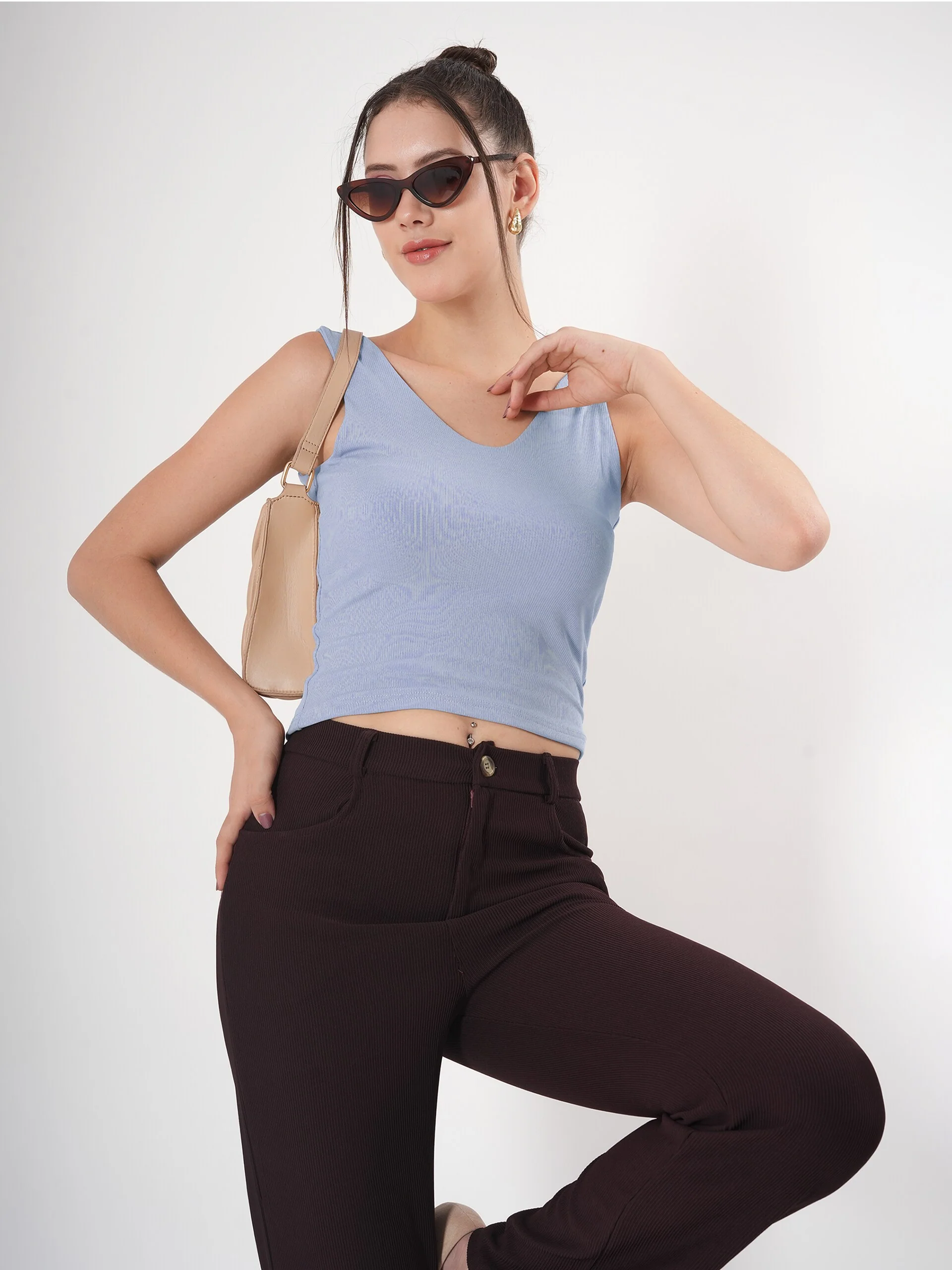 Solid V Neck Sleeveless Fitted Crop Top For Women - Image 15