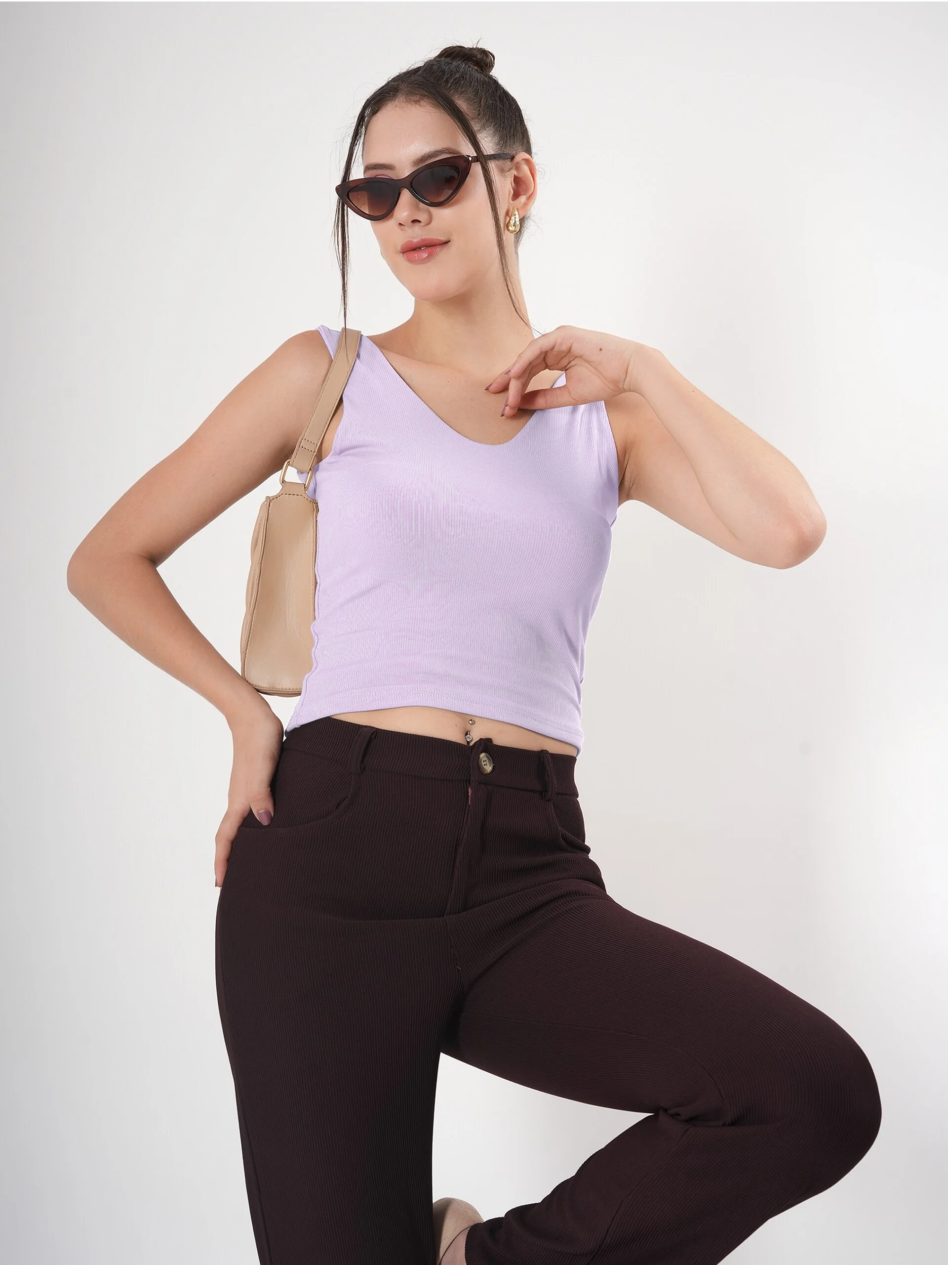 Solid V Neck Sleeveless Fitted Crop Top For Women - Image 22