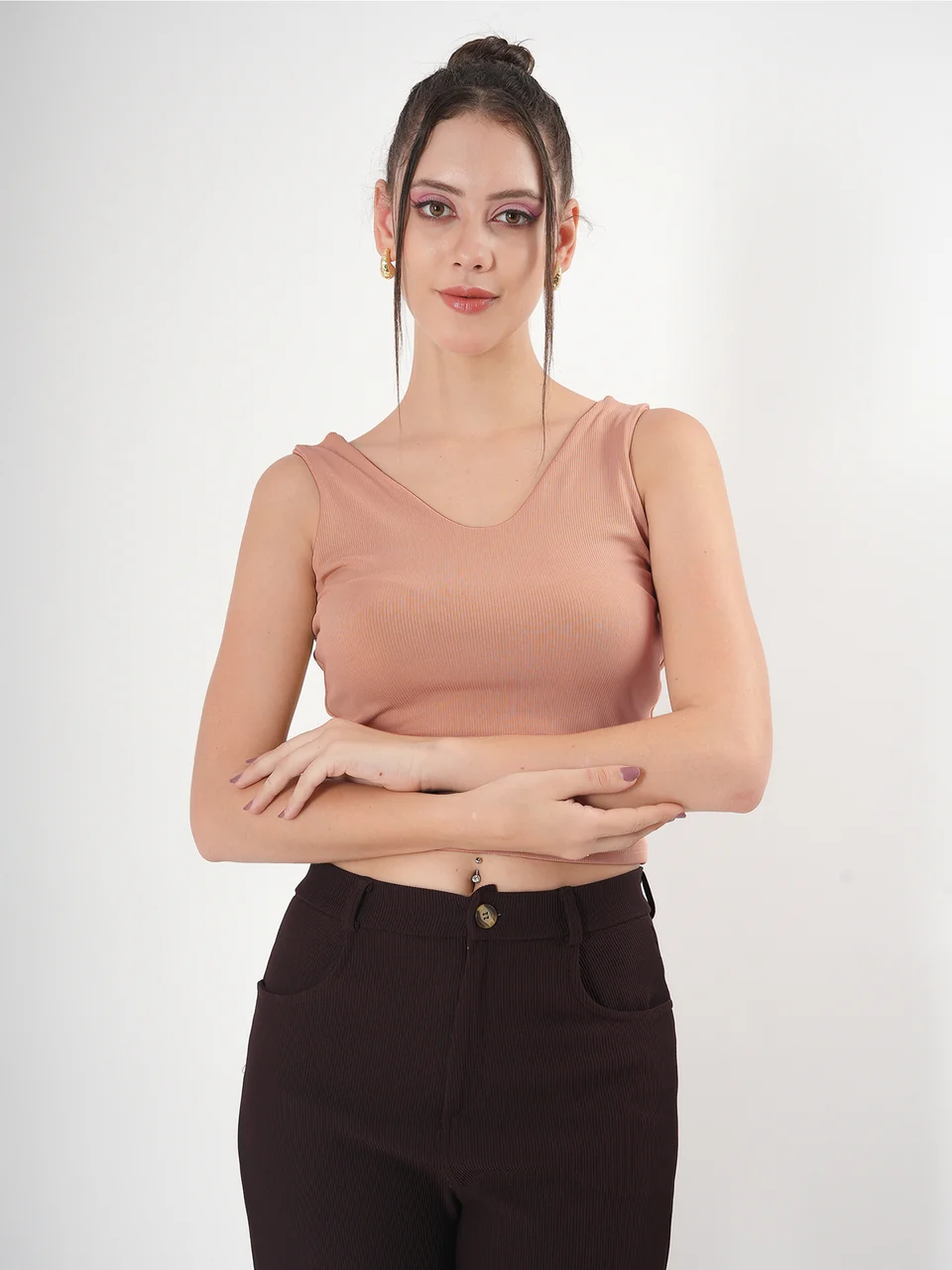 Solid V Neck Sleeveless Fitted Crop Top For Women - Image 39