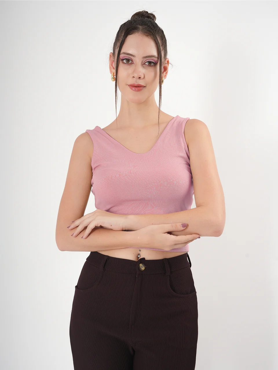 Solid V Neck Sleeveless Fitted Crop Top For Women - Image 45