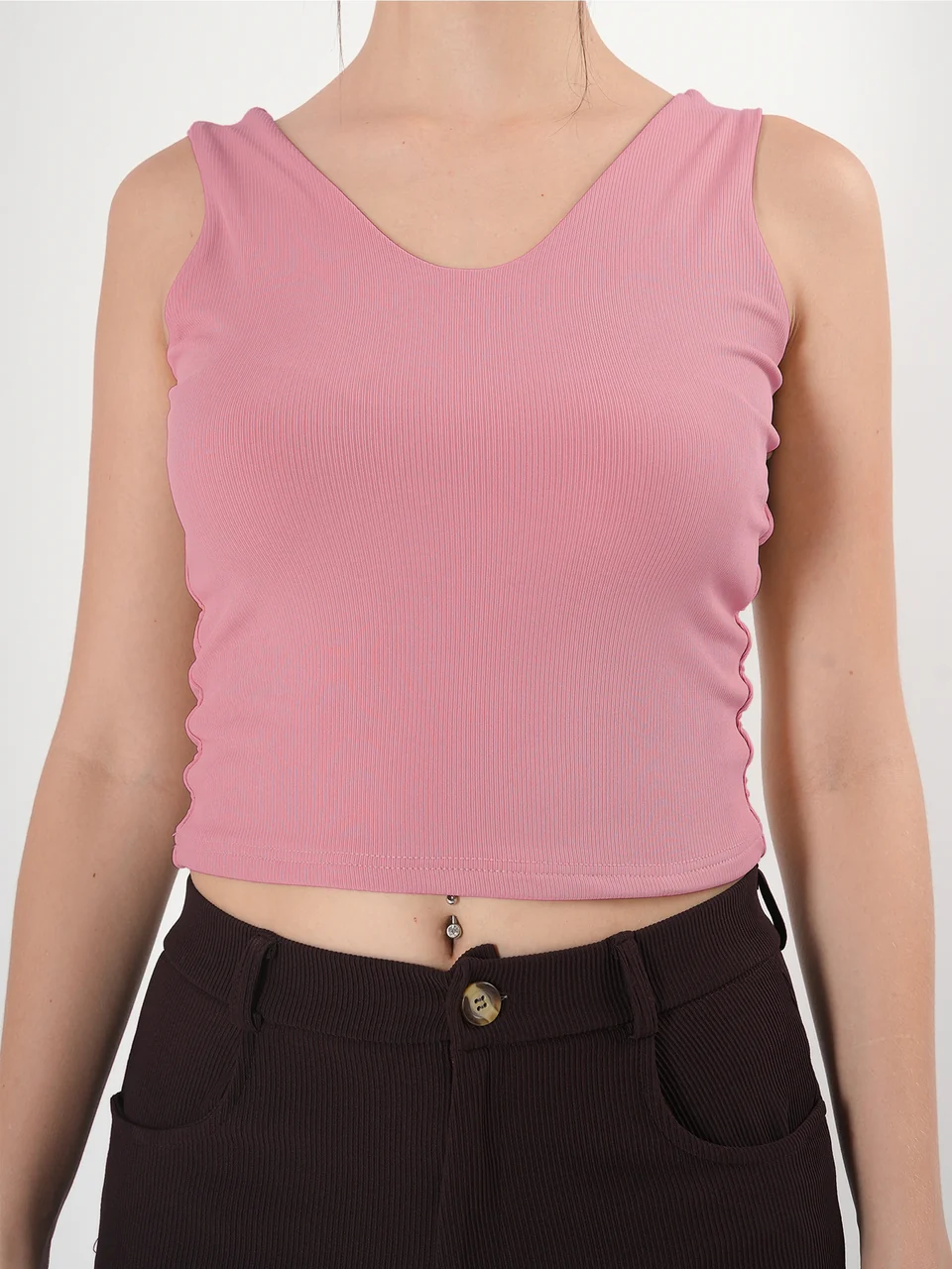 Solid V Neck Sleeveless Fitted Crop Top For Women - Image 46