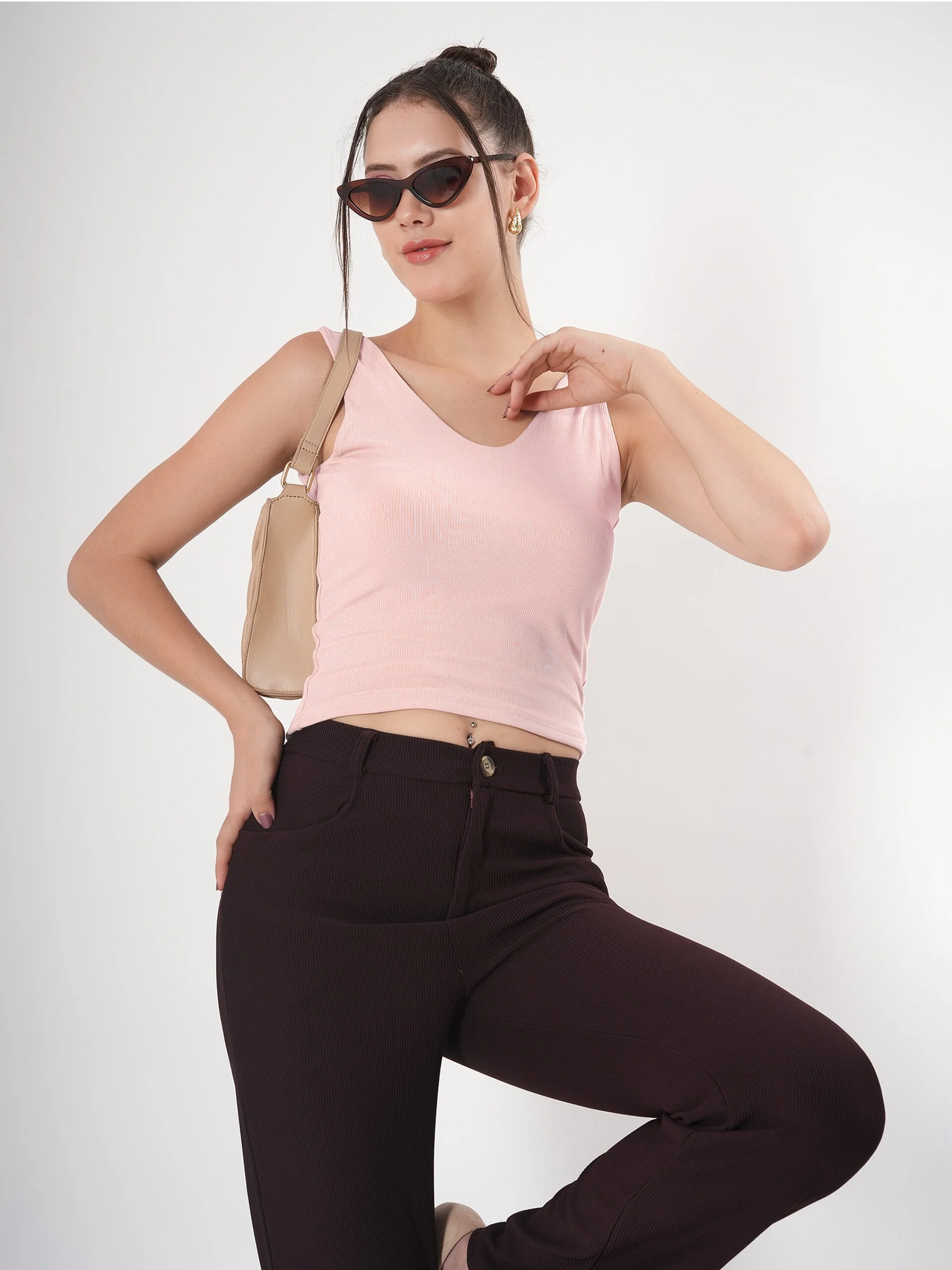 Solid V Neck Sleeveless Fitted Crop Top For Women - Image 9