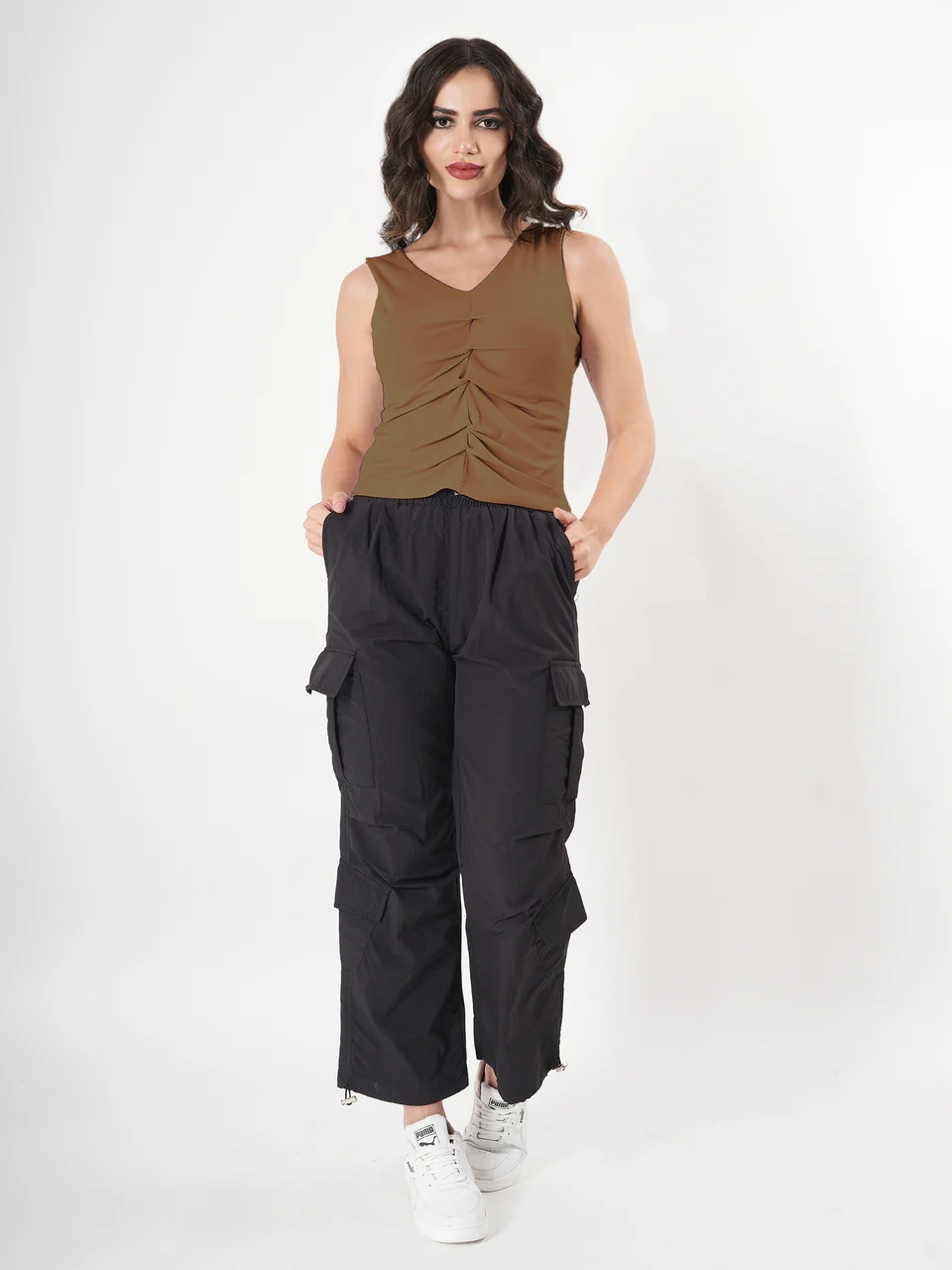 Solid V Neck Sleeveless Pleated Semi Crop Top - Image 12