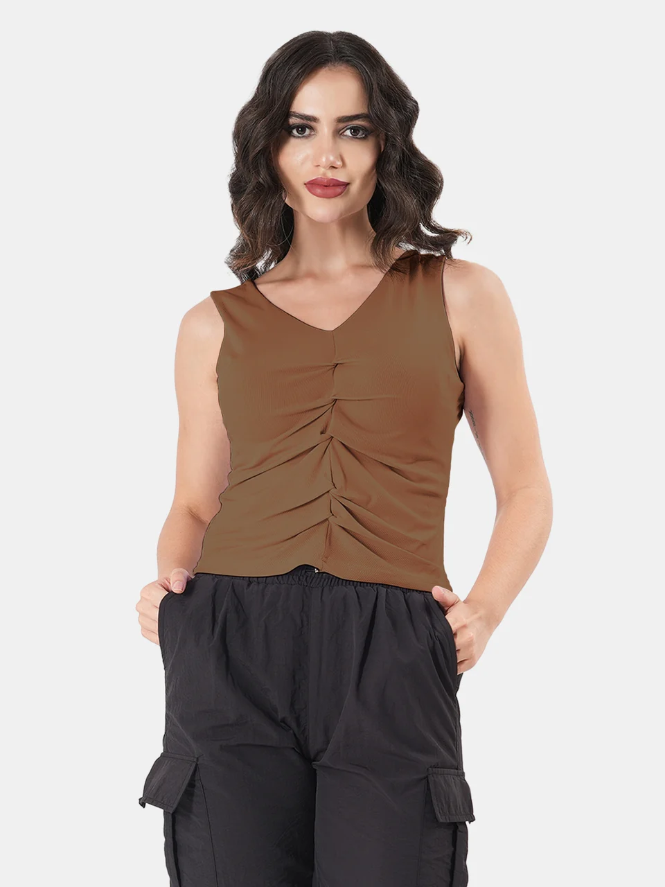 Solid V Neck Sleeveless Pleated Semi Crop Top - Image 14