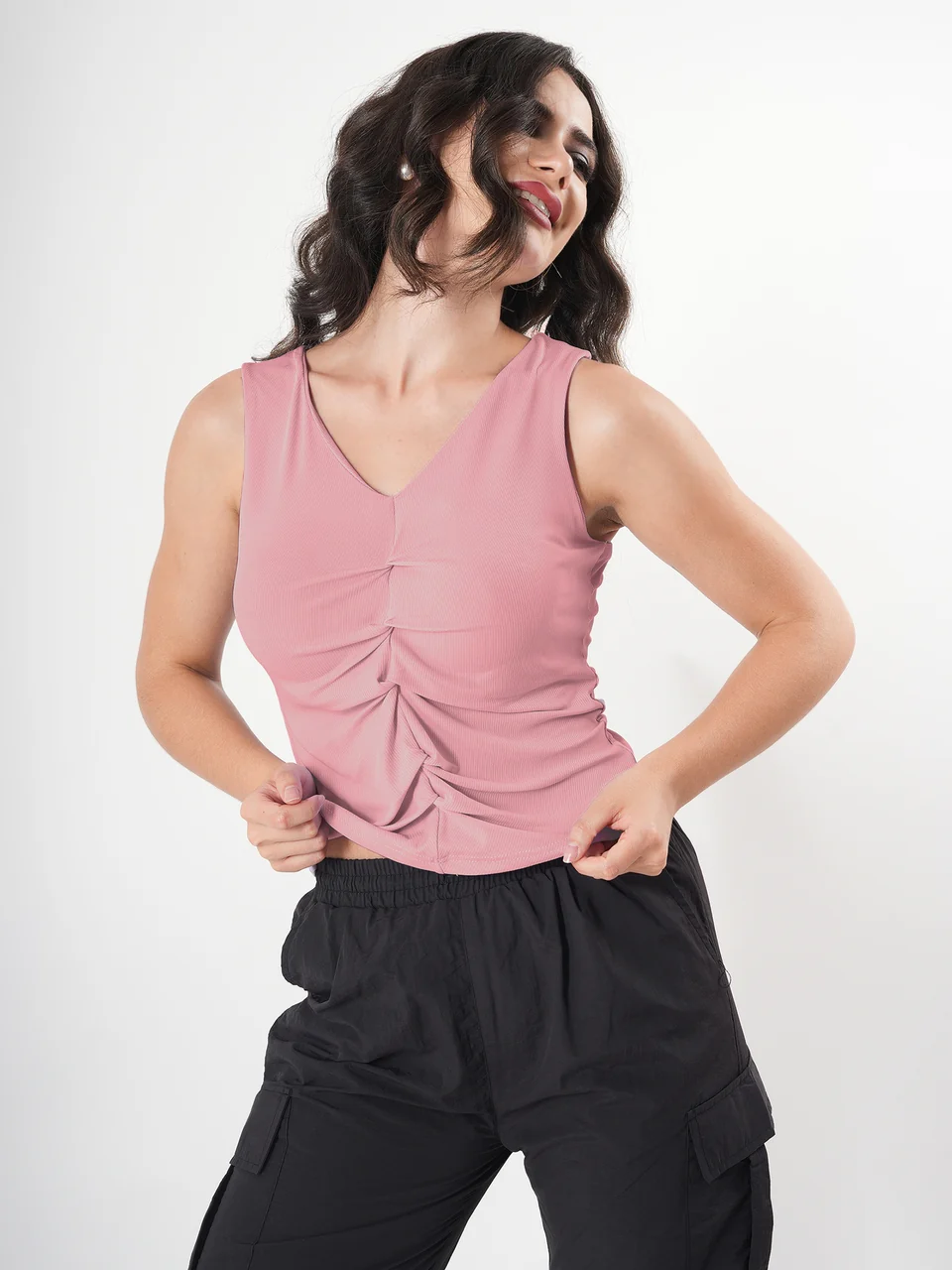 Solid V Neck Sleeveless Pleated Semi Crop Top - Image 15