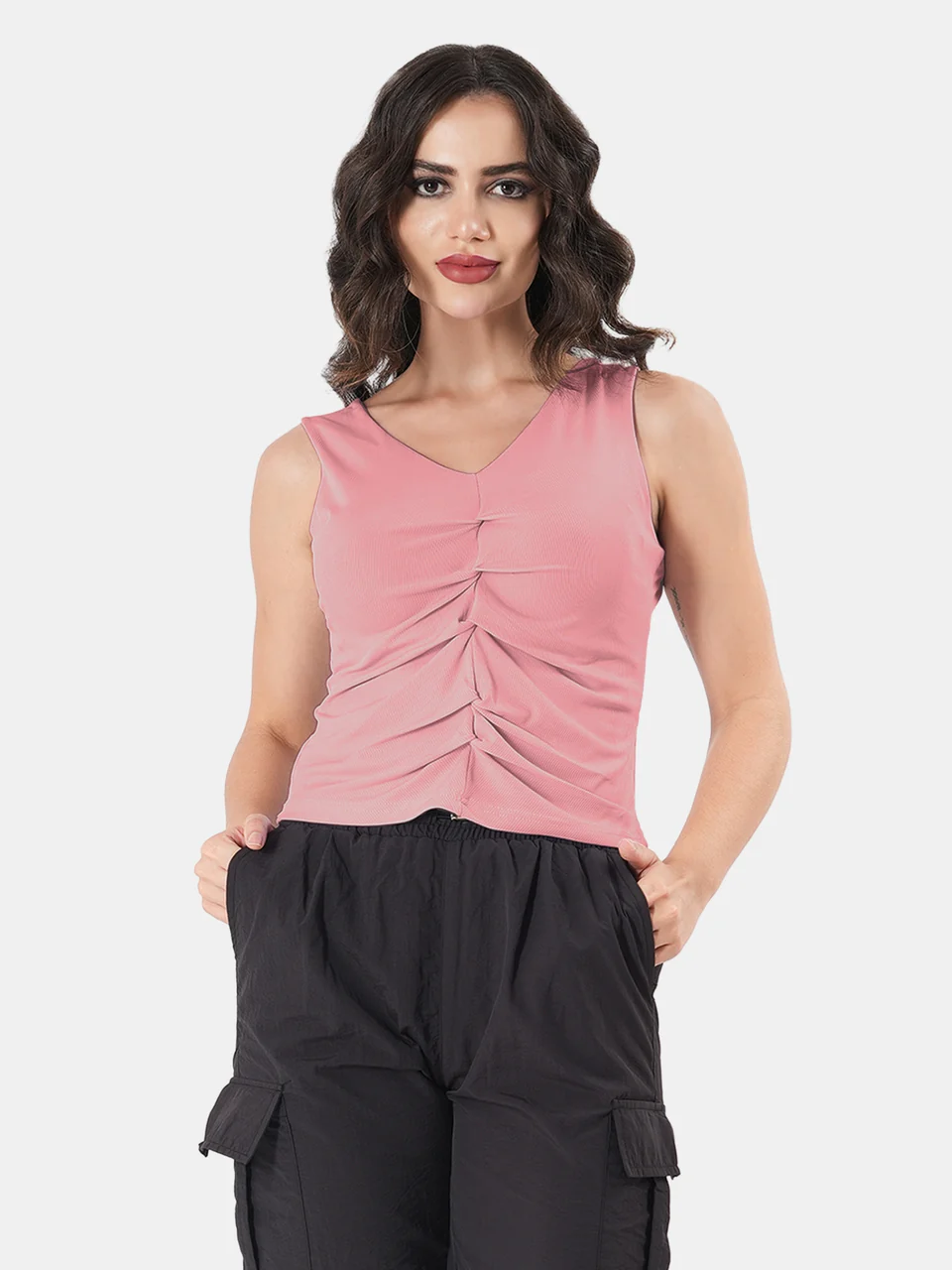 Solid V Neck Sleeveless Pleated Semi Crop Top - Image 18