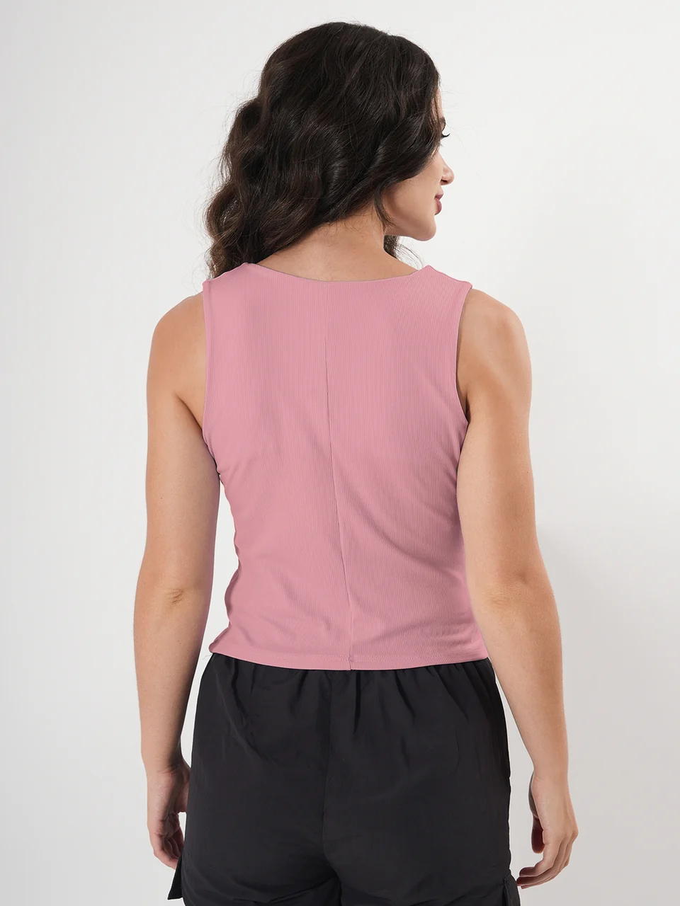 Solid V Neck Sleeveless Pleated Semi Crop Top - Image 19