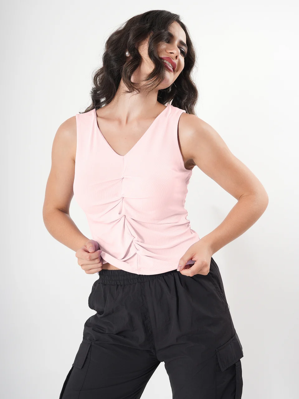 Solid V Neck Sleeveless Pleated Semi Crop Top - Image 21
