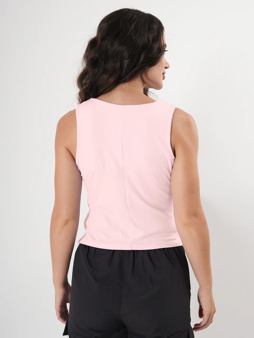 Solid V Neck Sleeveless Pleated Semi Crop Top - Image 25