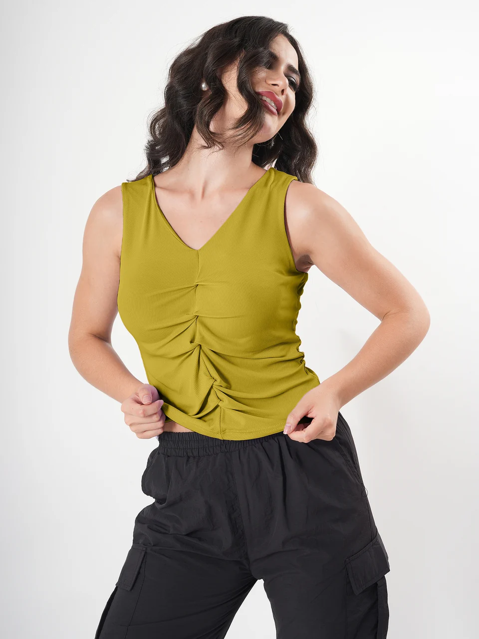 Solid V Neck Sleeveless Pleated Semi Crop Top - Image 27