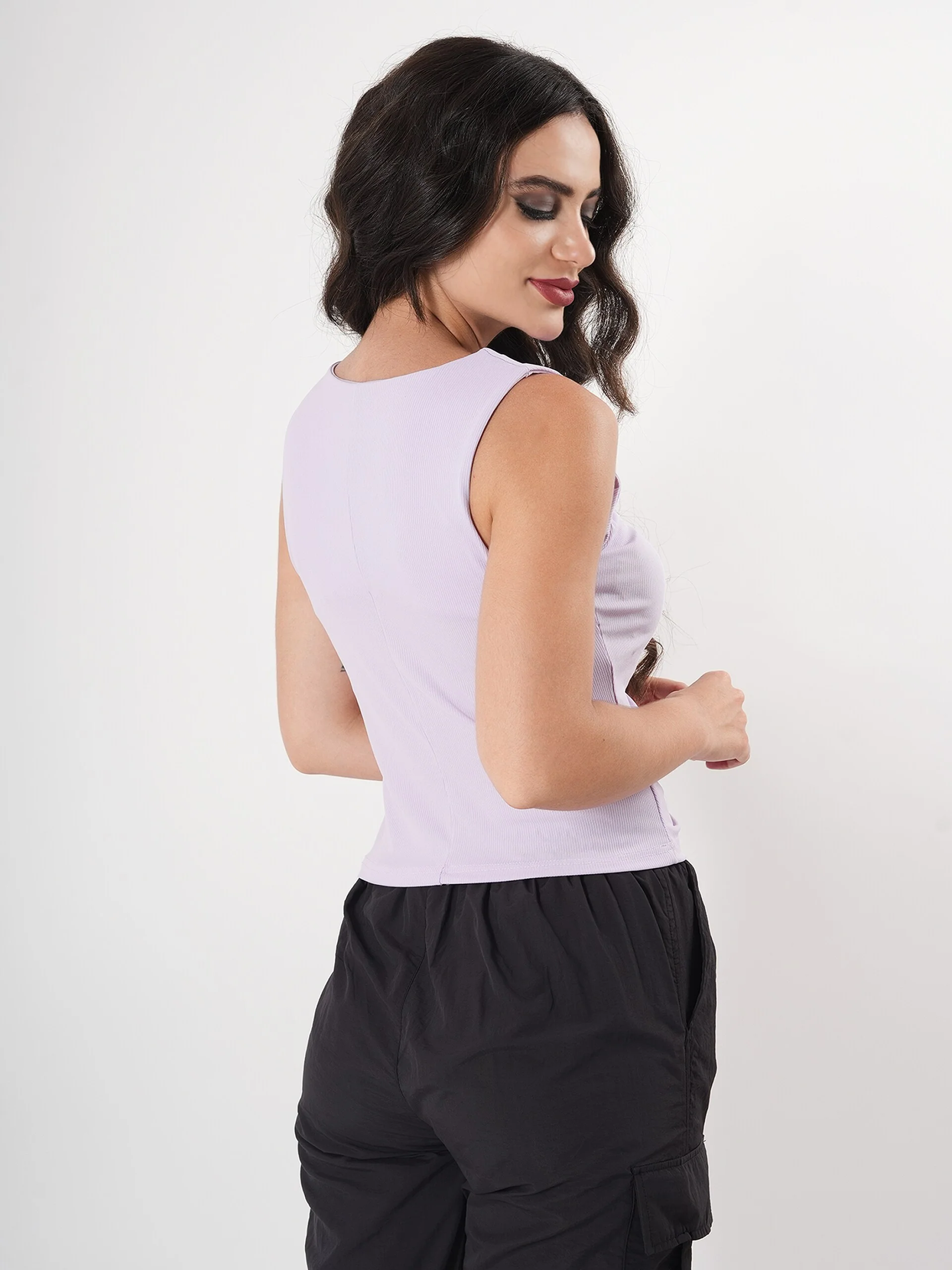 Solid V Neck Sleeveless Pleated Semi Crop Top - Image 3