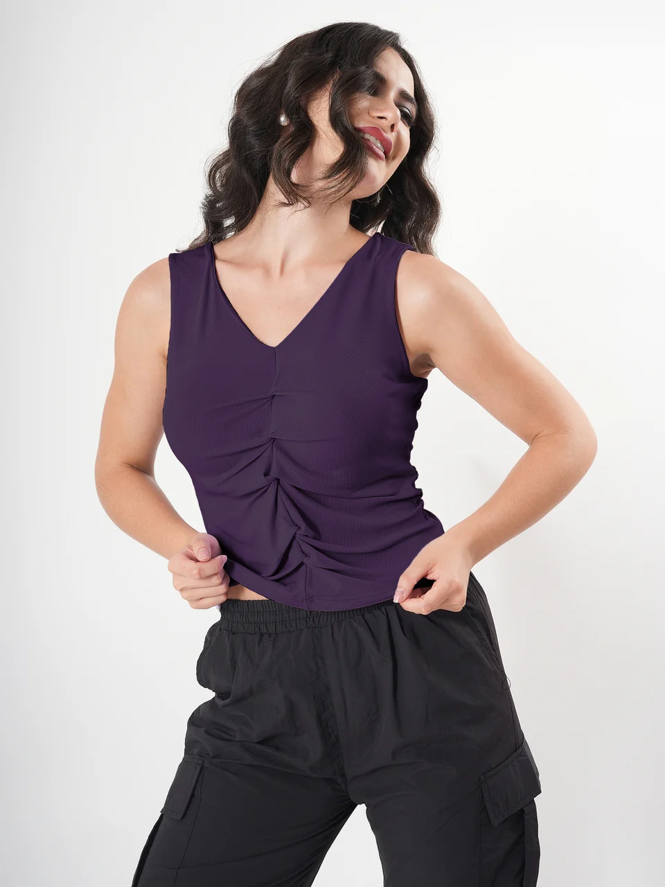 Solid V Neck Sleeveless Pleated Semi Crop Top - Image 33