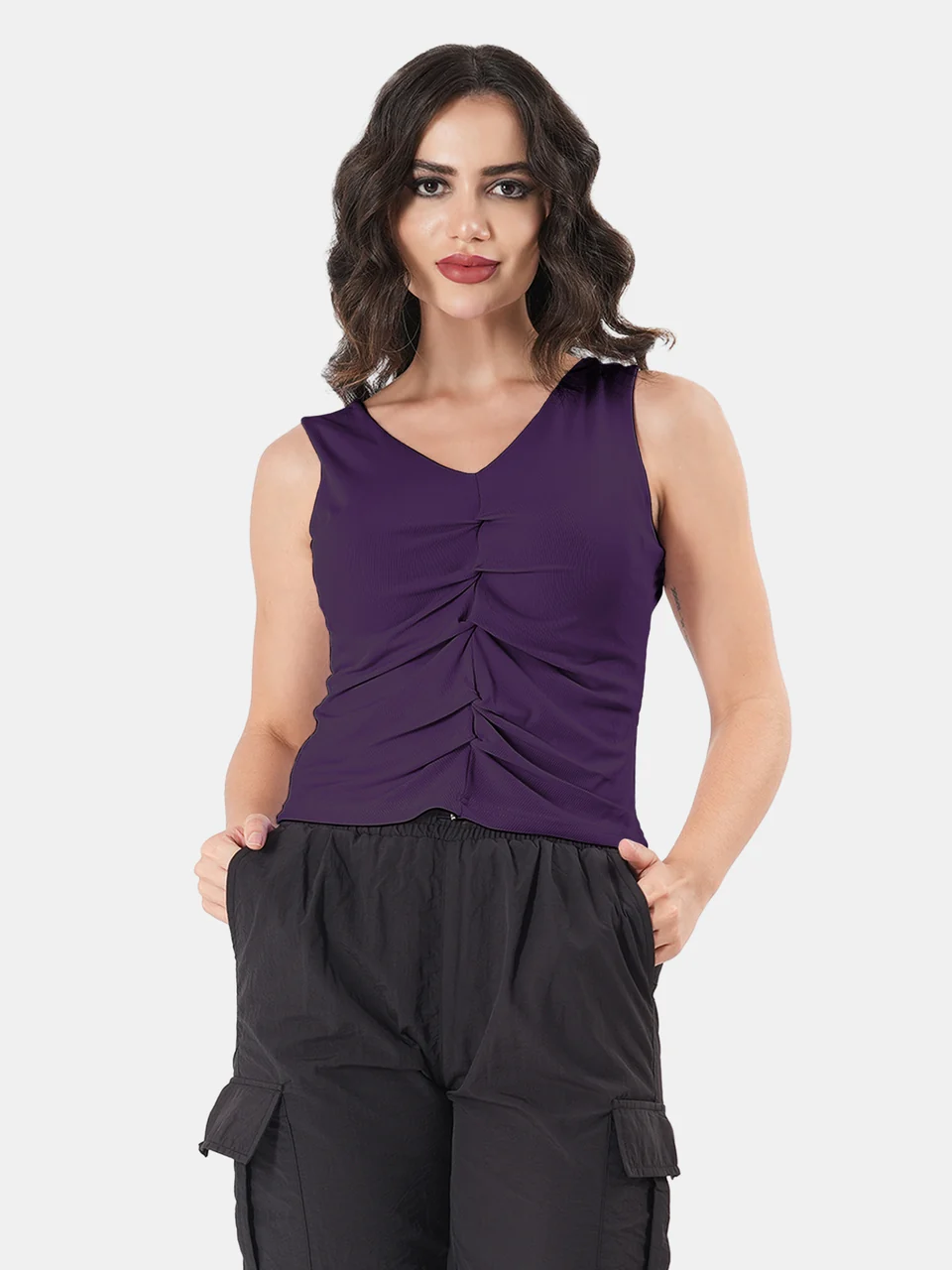 Solid V Neck Sleeveless Pleated Semi Crop Top - Image 36