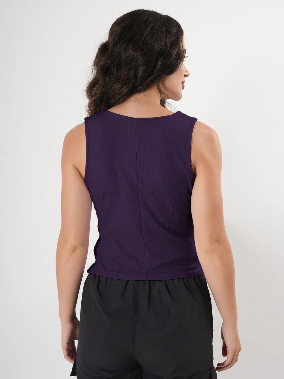 Solid V Neck Sleeveless Pleated Semi Crop Top - Image 37