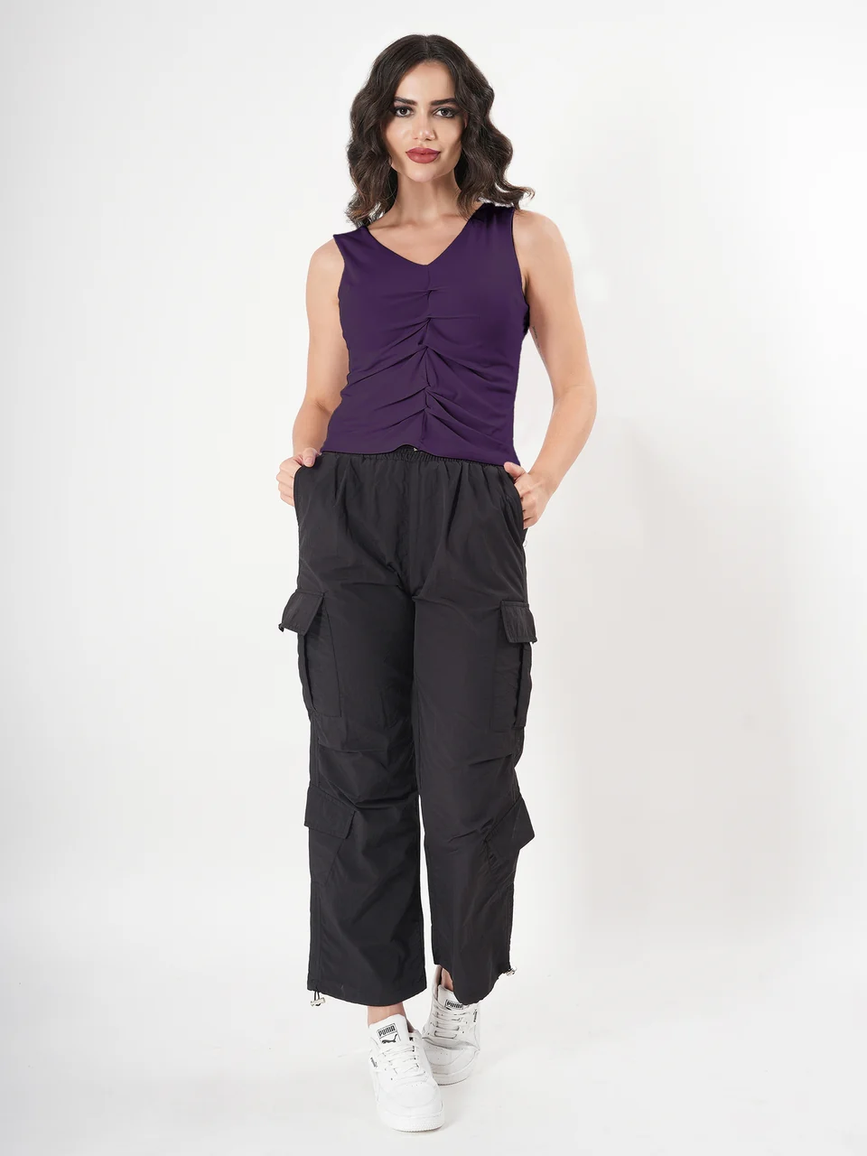 Solid V Neck Sleeveless Pleated Semi Crop Top - Image 38