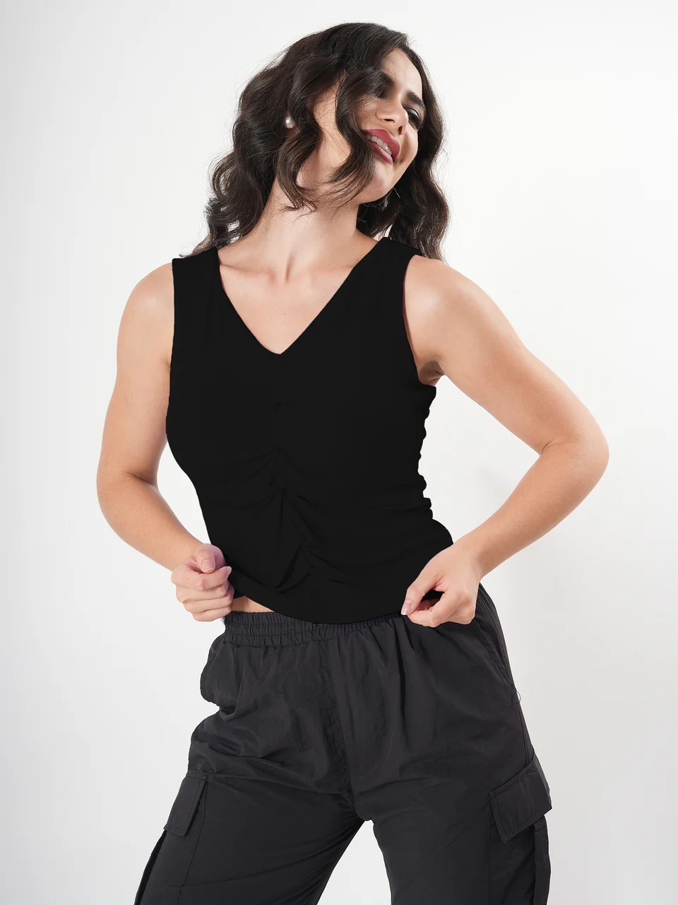 Solid V Neck Sleeveless Pleated Semi Crop Top - Image 39