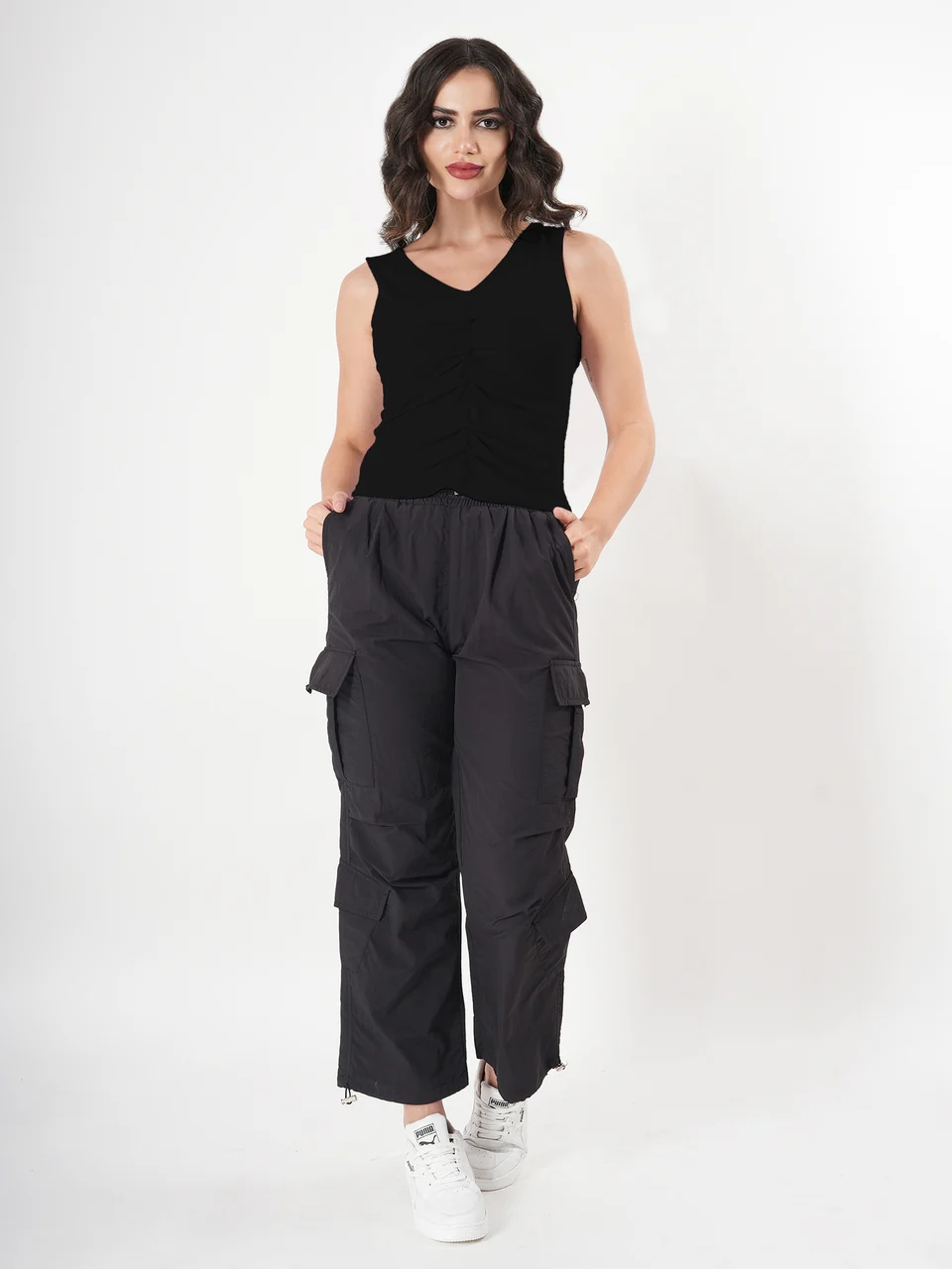 Solid V Neck Sleeveless Pleated Semi Crop Top - Image 42