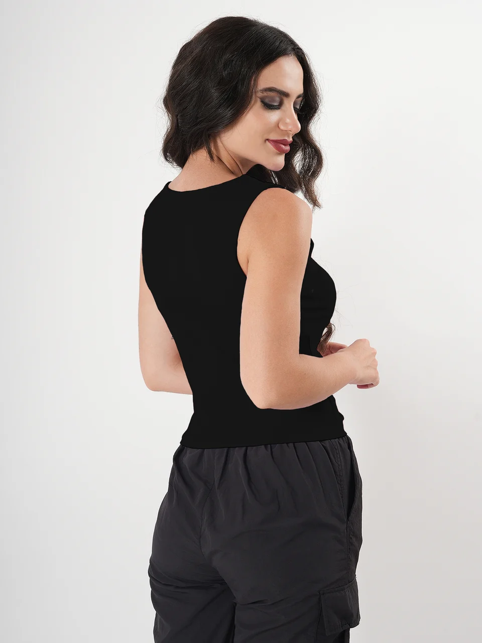 Solid V Neck Sleeveless Pleated Semi Crop Top - Image 43