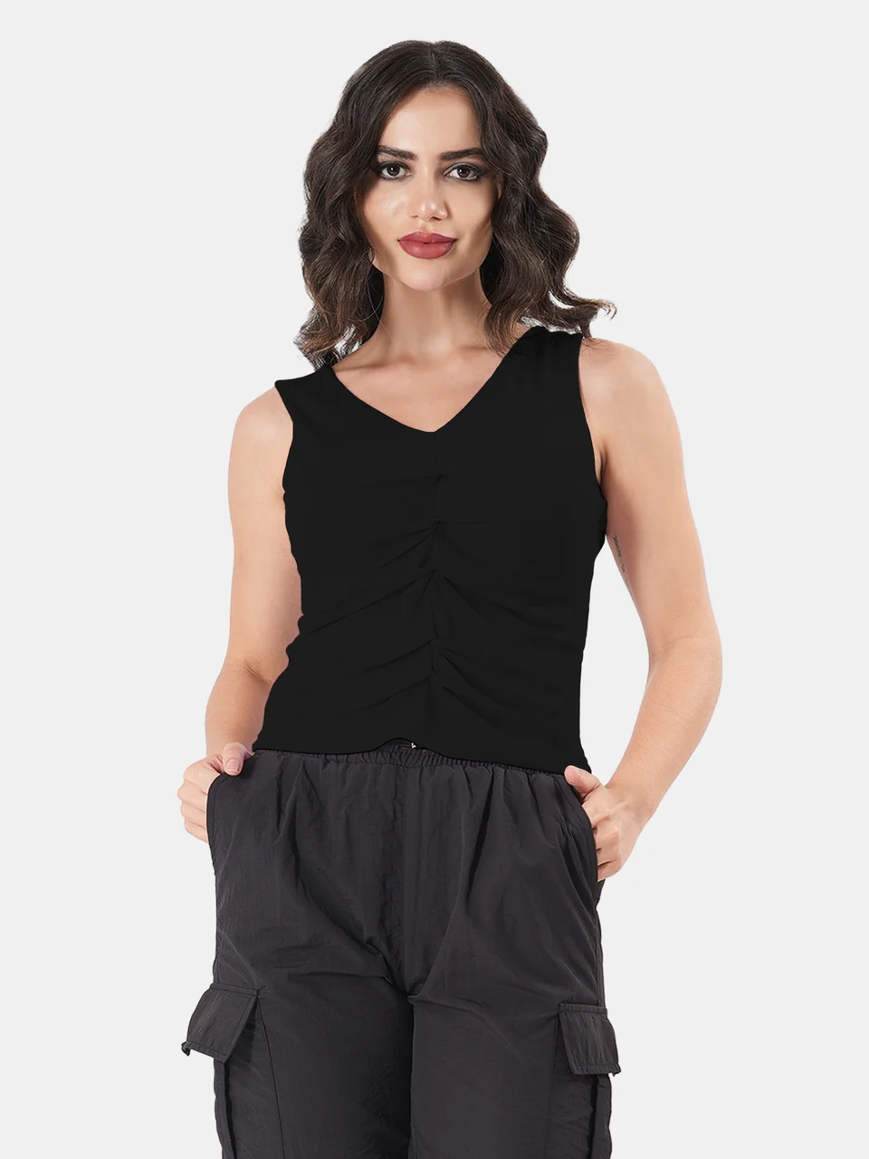 Solid V Neck Sleeveless Pleated Semi Crop Top - Image 44