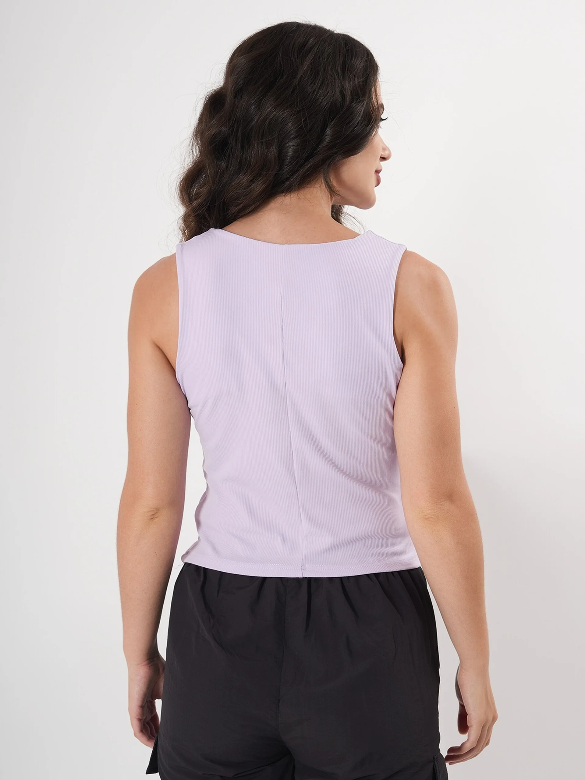 Solid V Neck Sleeveless Pleated Semi Crop Top - Image 5