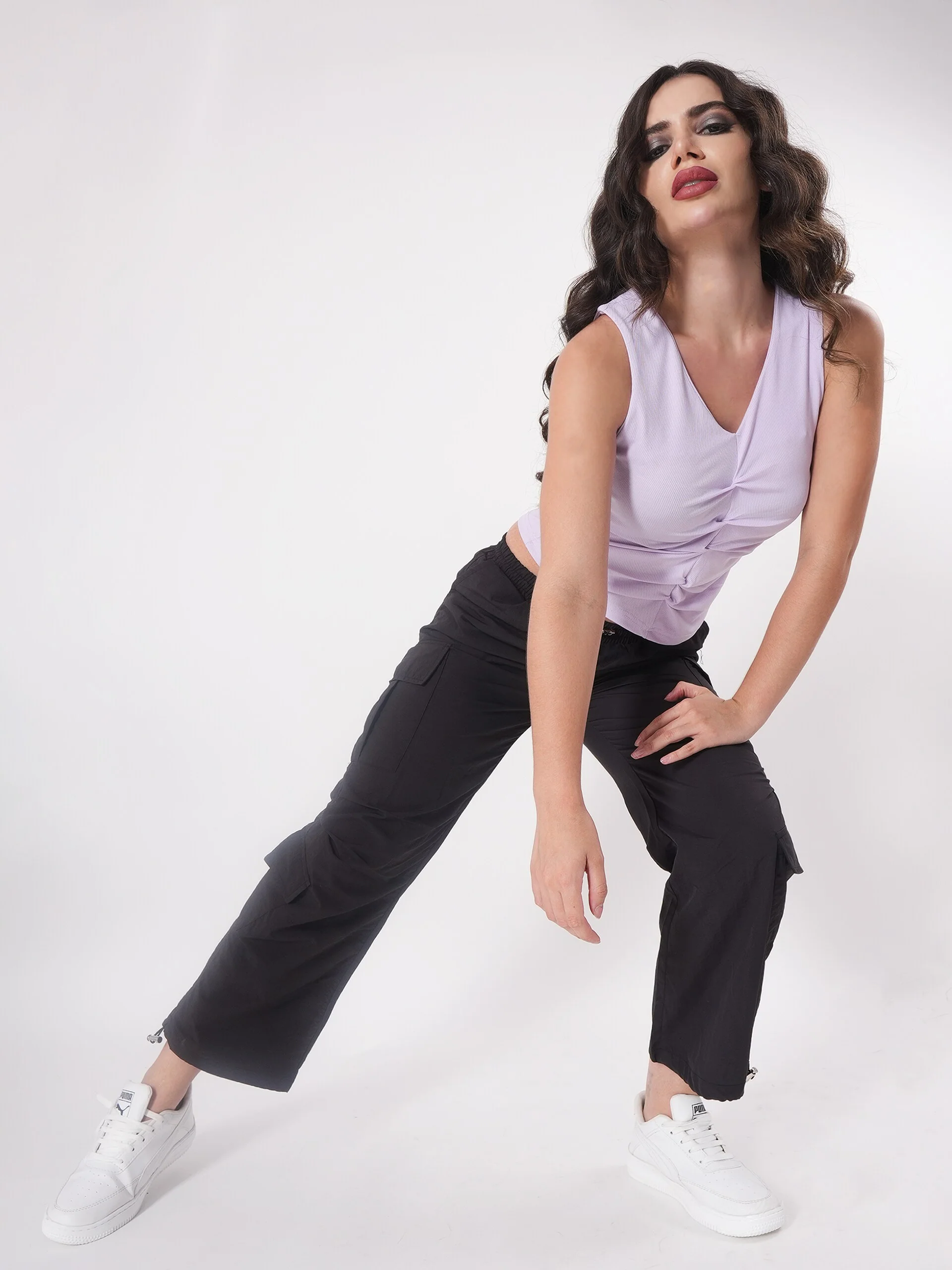 Solid V Neck Sleeveless Pleated Semi Crop Top - Image 6