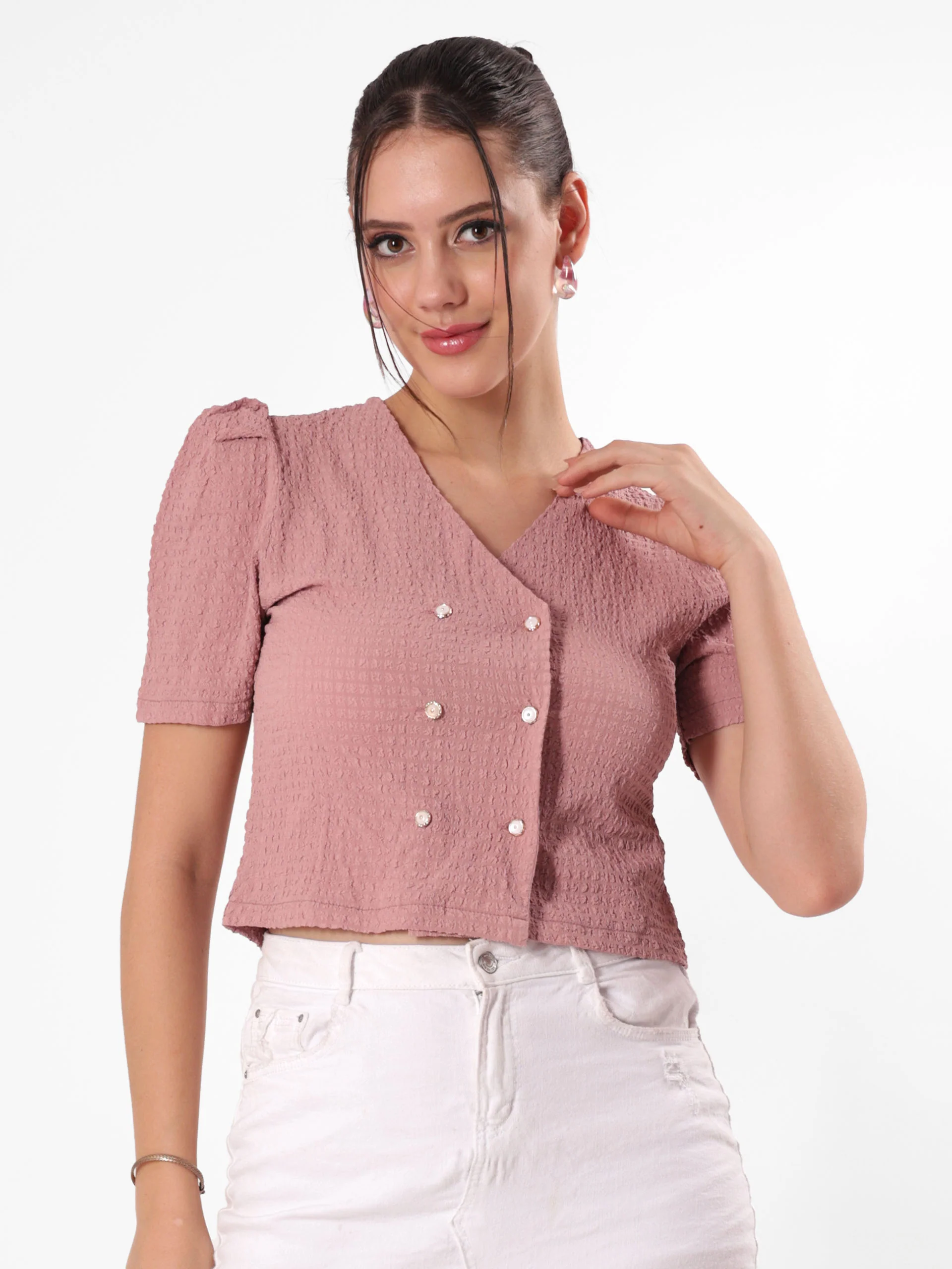Textured V Neck Crop Top - Image 3
